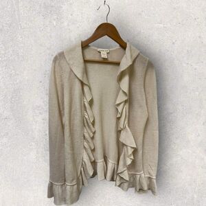 Minnie Rose Beige Ivory Cashmere Ruffle Open Front Cardigan Sweater Size‎ Medium
